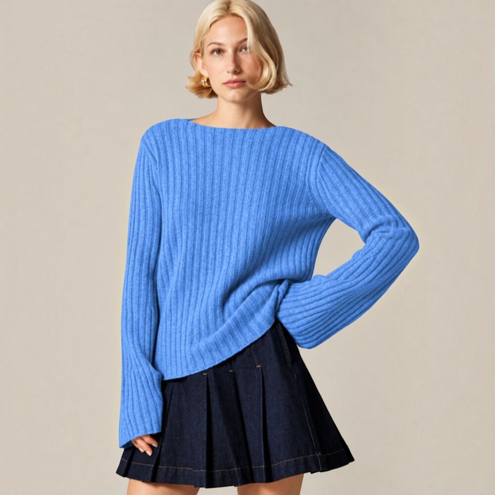 NWT J. Crew Ribbed Lambswool Boatneck Sweater Blue Bell Sleeves Size Large